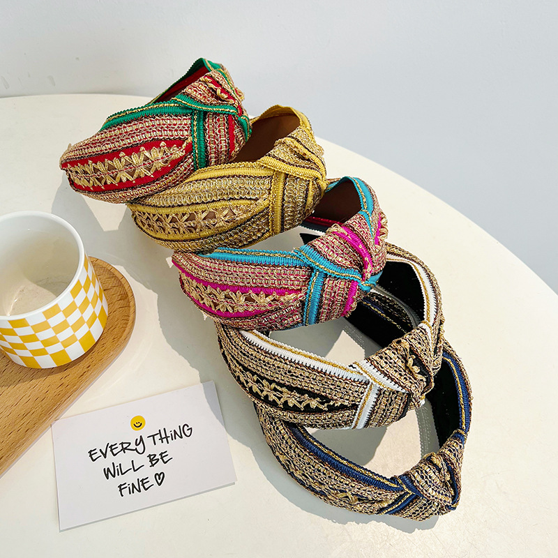 Embroidery Gold - Diadema con nudo brillante dorado bordado
