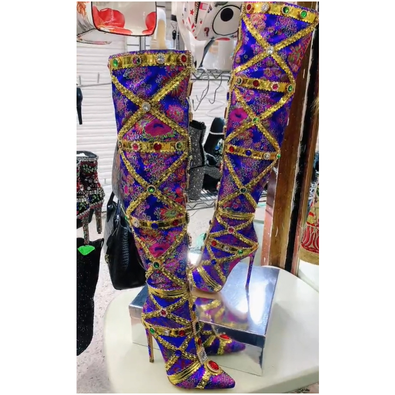 Embroidery Gold - Botas de tacón de aguja multicolor